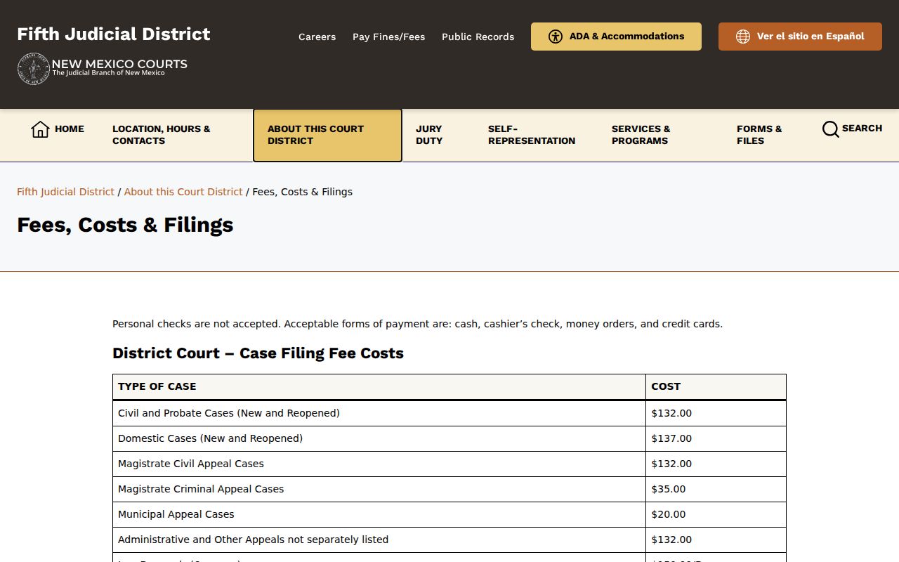 Fifth District fees and filing information page