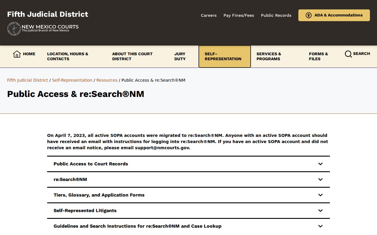 Fifth Judicial District public access and research page linking to New Mexico court searches