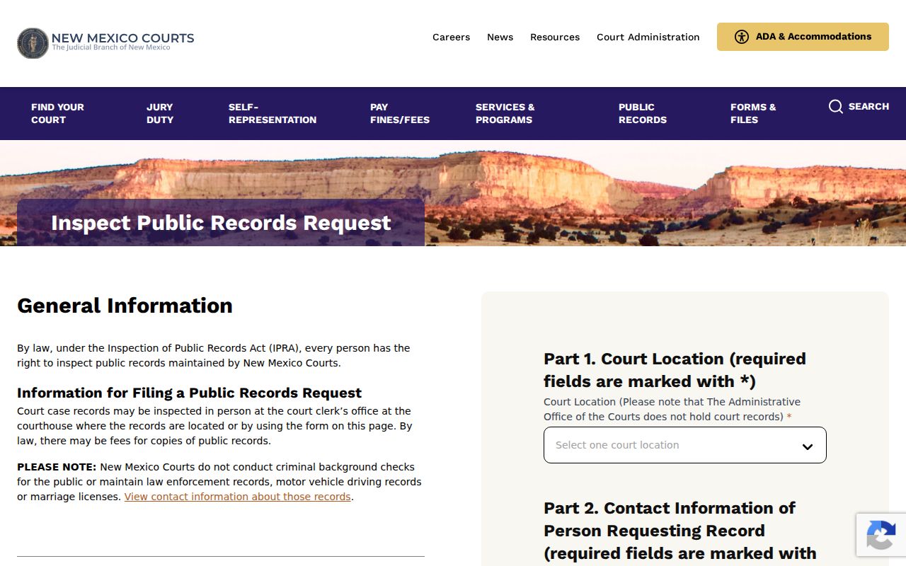 New Mexico Courts IPRA request form used as a court-record access reference