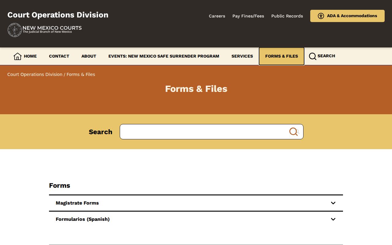 New Mexico Court Operations forms page with warrant cancellation and related court forms
