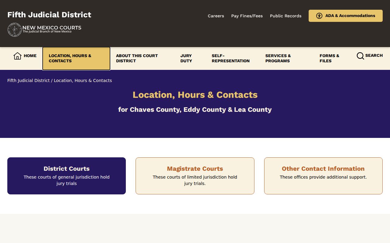 Fifth Judicial District contacts page for Lea County courts
